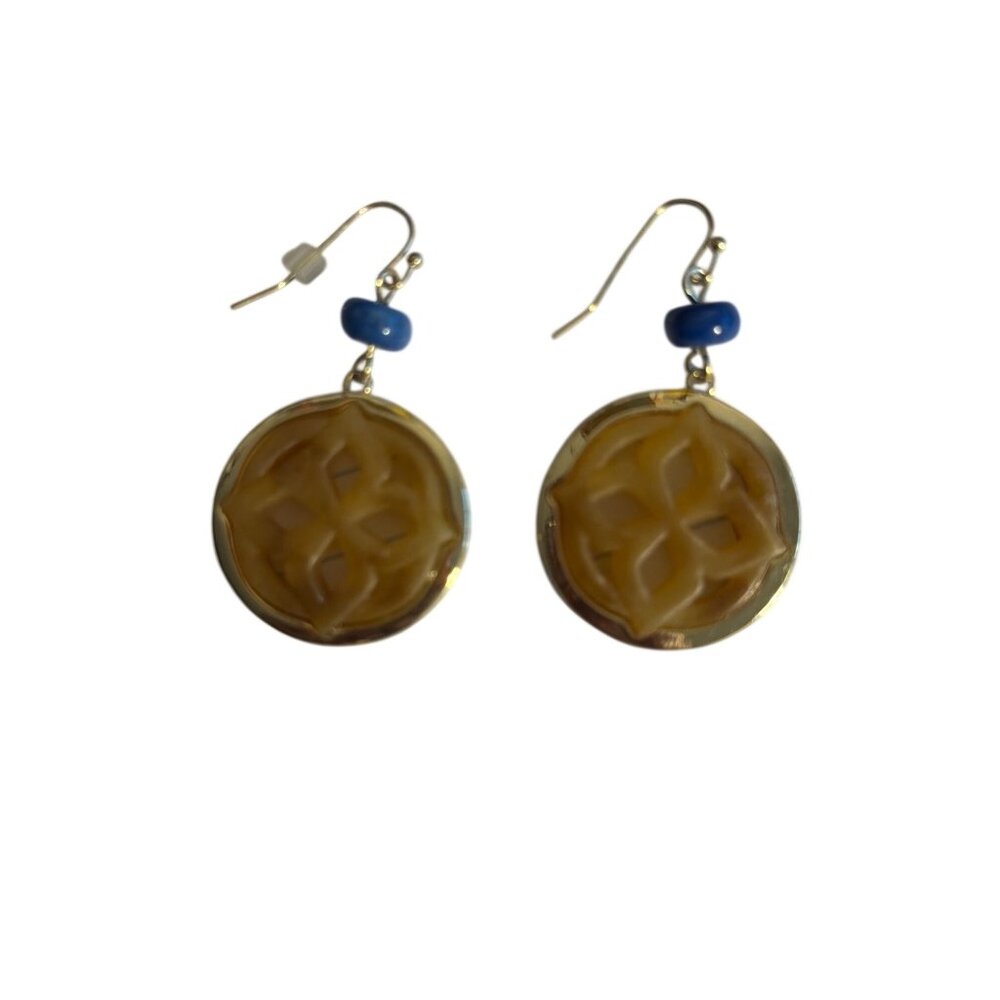 Chicos Gold Tone Dangling Earrings Cutout Center Blue Bead Hook Acrylic 2"